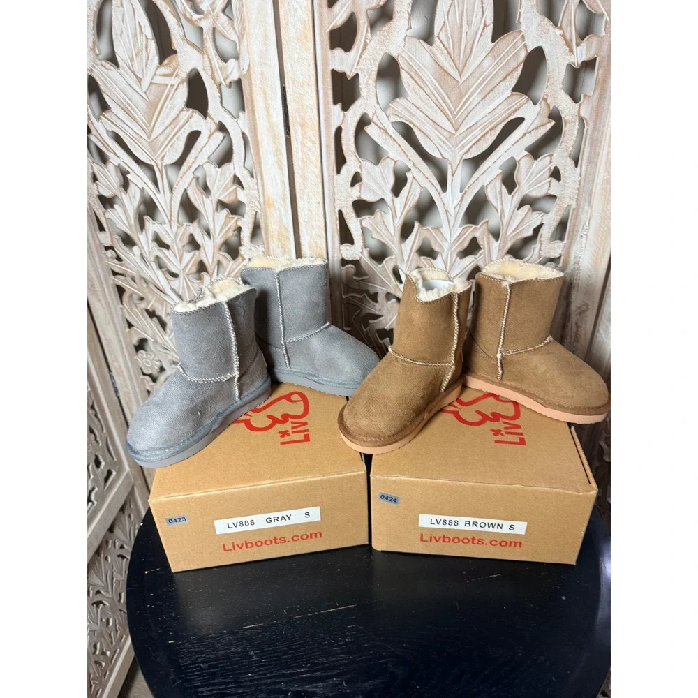 Livboots LV888 Kids Faux Suede Shearling Lined Winter Boots Gray Brown Size S
